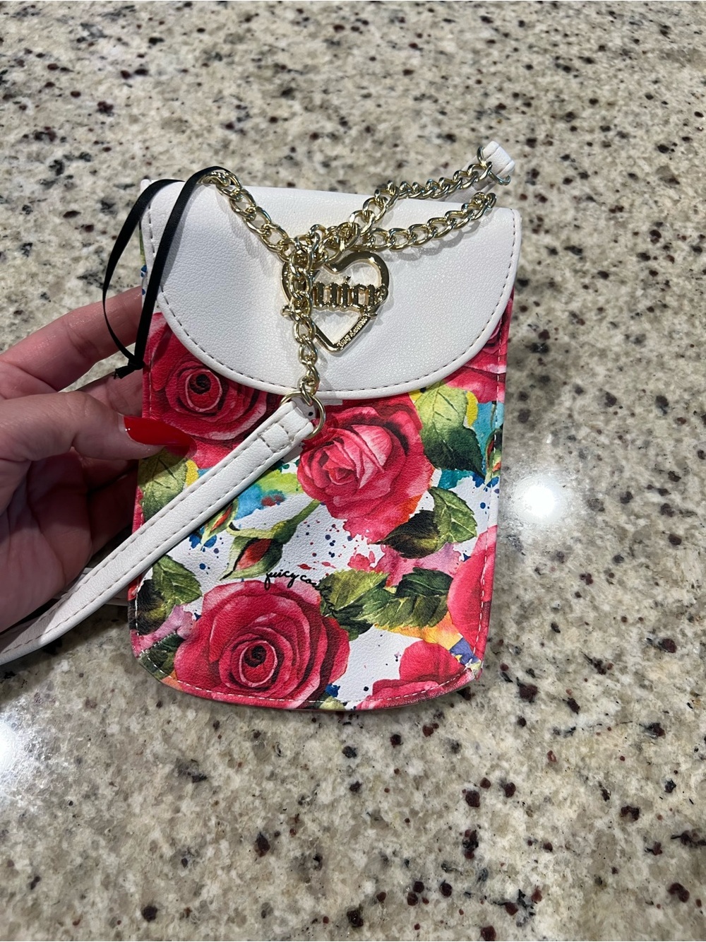 Juicy Couture Floral Phone Pouch in White with Pink and Red Accents